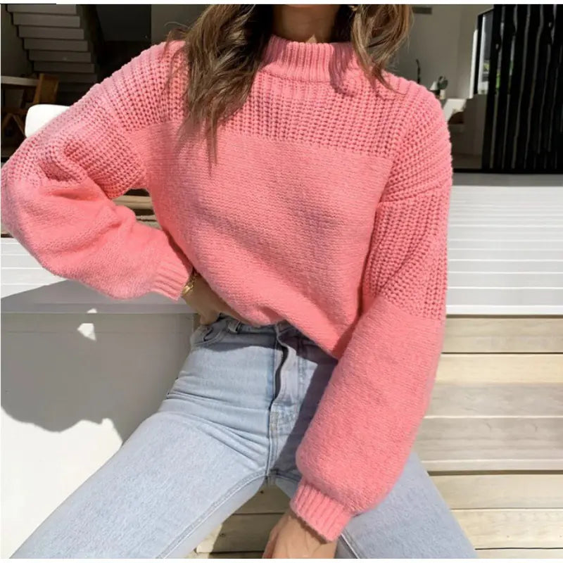 Autumn Winter Casual Solid Color Crew Neck Sweater